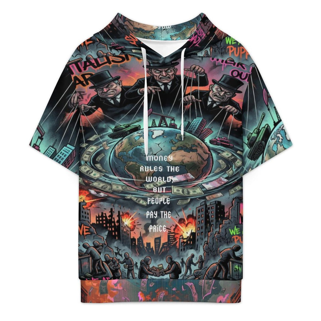 Short sleeve hoodie by peaprint featuring all-over urban art print with "Money Rules the World" design.
