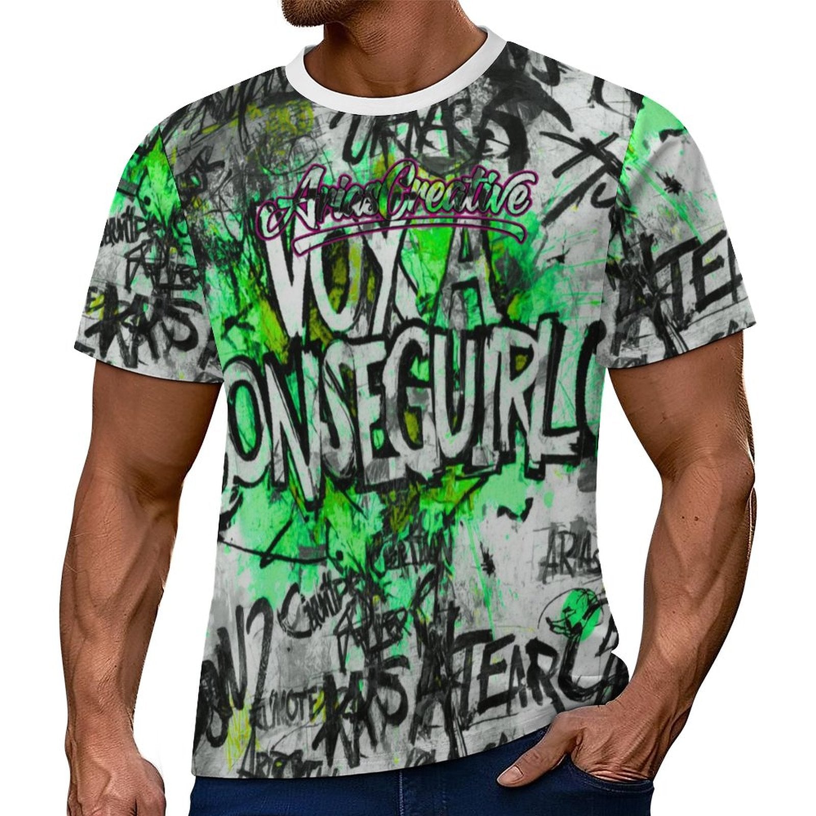 Camiseta casual de manga corta verde de AriasCreative™ para hombre, estilo streetwear, fabricada por peaprint.