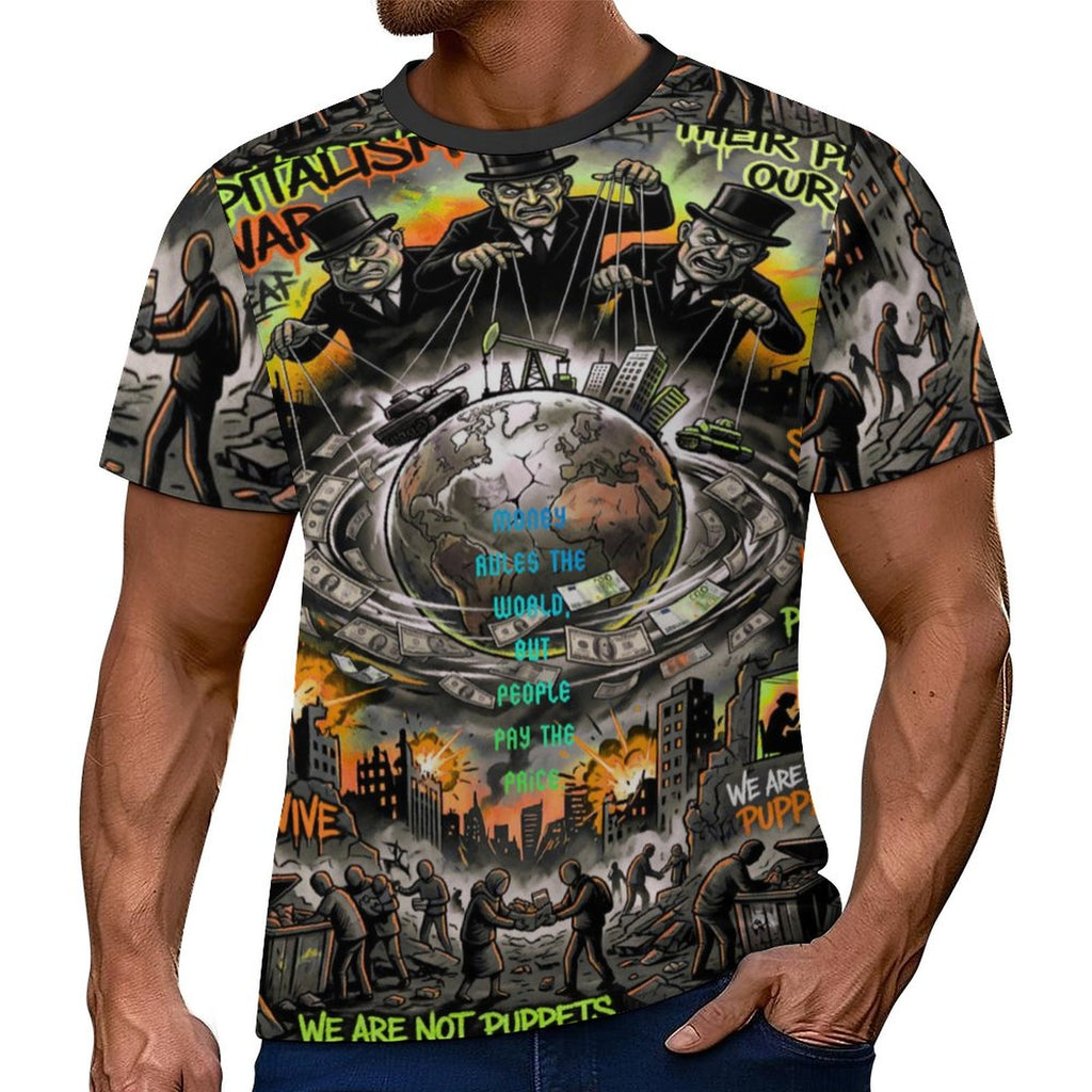 Camiseta corta de peaprint con estampado "Money Rules the World" y arte social urbano en fondo colorido.