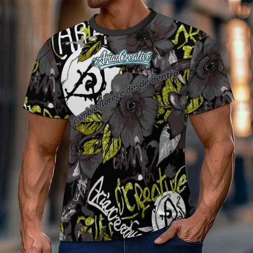 Camiseta de manga corta AriasCreative Inner Bloom gris con detalles dorados y frase "El camino florece desde dentro" en el frente.