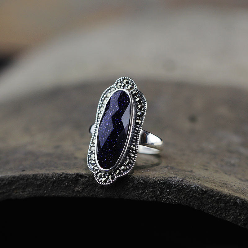 Anillo Ajustable de Plata con Piedra Azul Corte Personalizado para Mujer – Elegante y Moda - ariascreative