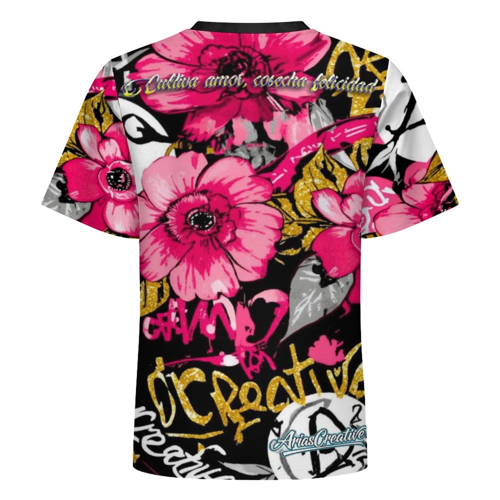 Camiseta manga corta AriasCreative Urban Bloom con diseño floral y mensaje "Cultiva amor, cosecha felicidad" en colores vivos.