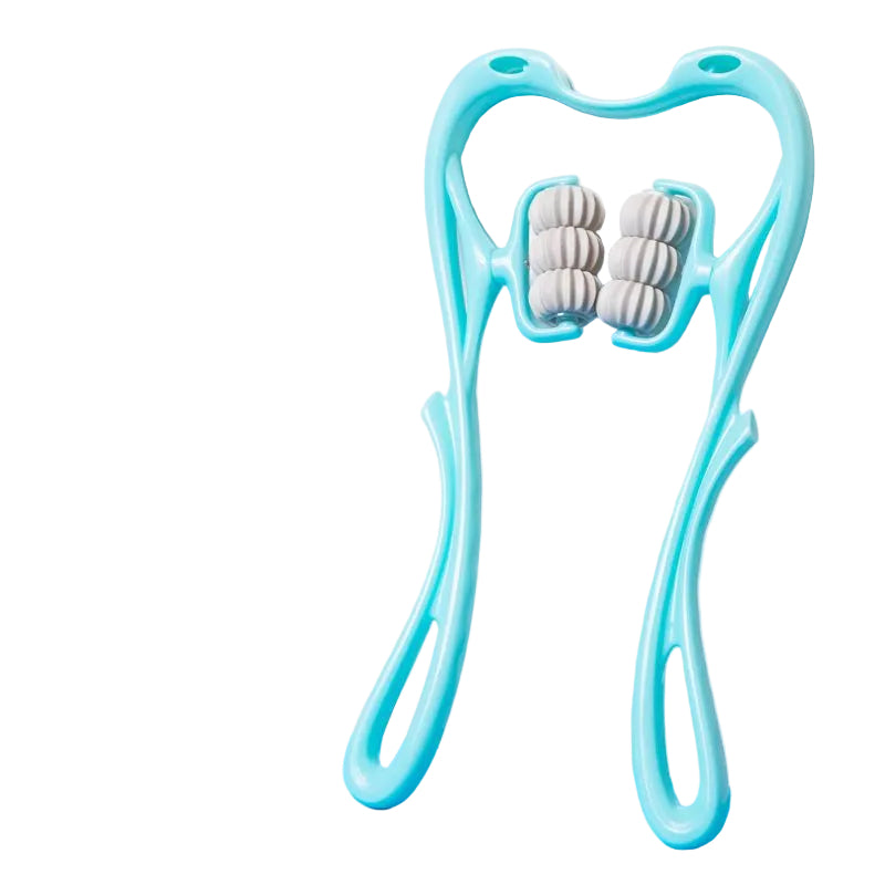 Masajeador cervical manual AriasCreative con 6 rodillos, diseñado ergonómicamente para cuello, hombros, espalda y piernas, en azul o rosa.