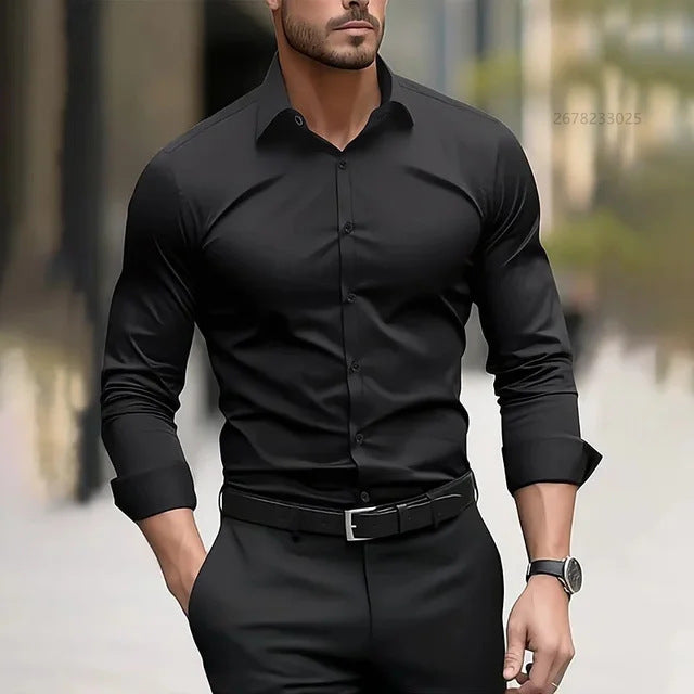 Camisa de hombre de manga larga de fibra de bambú, lisa y cómoda, de la marca AriasCreative, con diseño elegante y natural