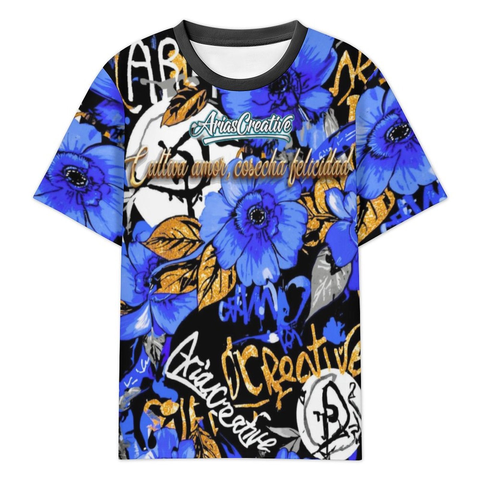Camiseta manga corta azul y oro de AriasCreative con mensaje "Cultiva amor, cosecha felicidad" en el frente.