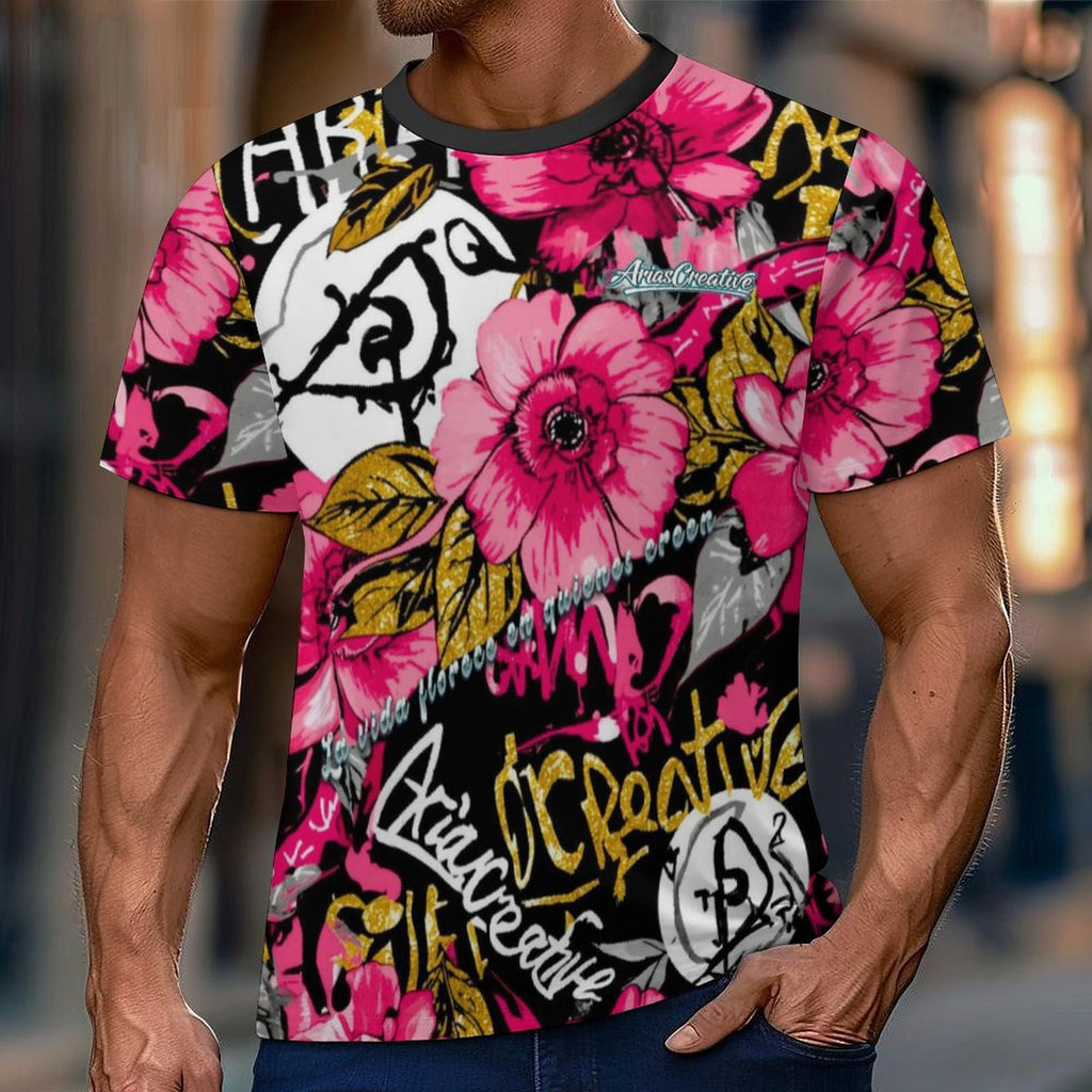 Camiseta manga corta Urban Bloom de AriasCreative con diseño floral y mensaje "Cultiva amor, cosecha felicidad"