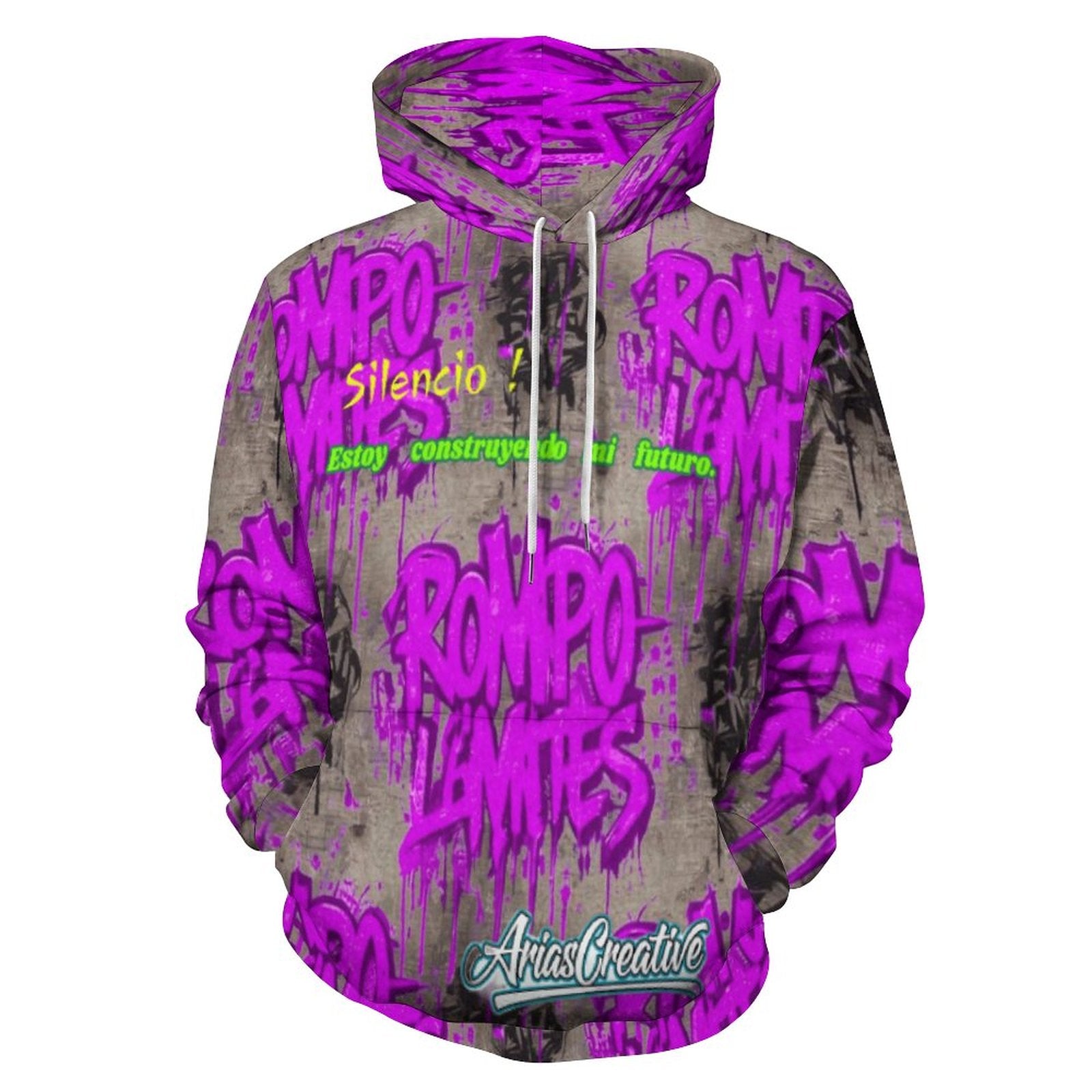 Sudadera con capucha AriasCreative "ROMPO MIS LÍMITES" con patrón graffiti rosa y gris brillante, vista frontal y detalles del diseño.