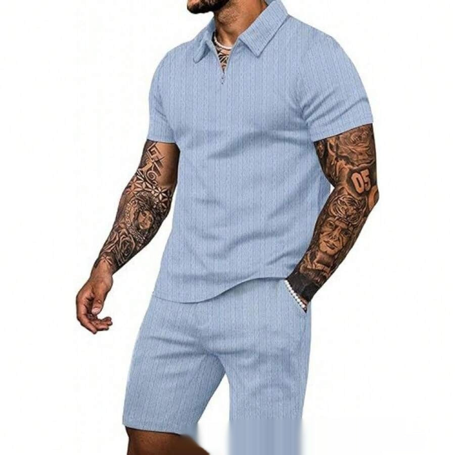 Conjunto de ropa para hombre de verano de AriasCreative, camiseta de rayas ajustada con cremallera y pantalón corto.