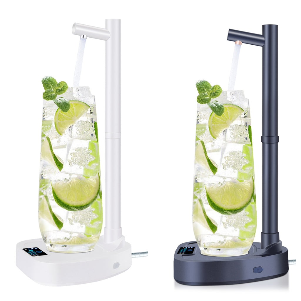 Dispensador de agua eléctrico automático AriasCreative en color blanco y azul, con tubo extensible y niveles de dosificación.
