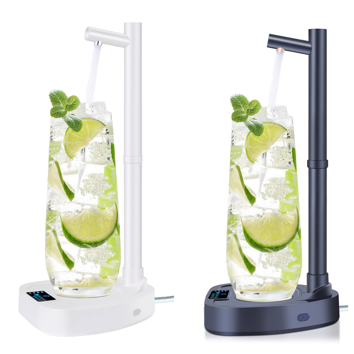 Dispensador de agua eléctrico automático AriasCreative en color blanco y azul, con tubo extensible y niveles de dosificación.