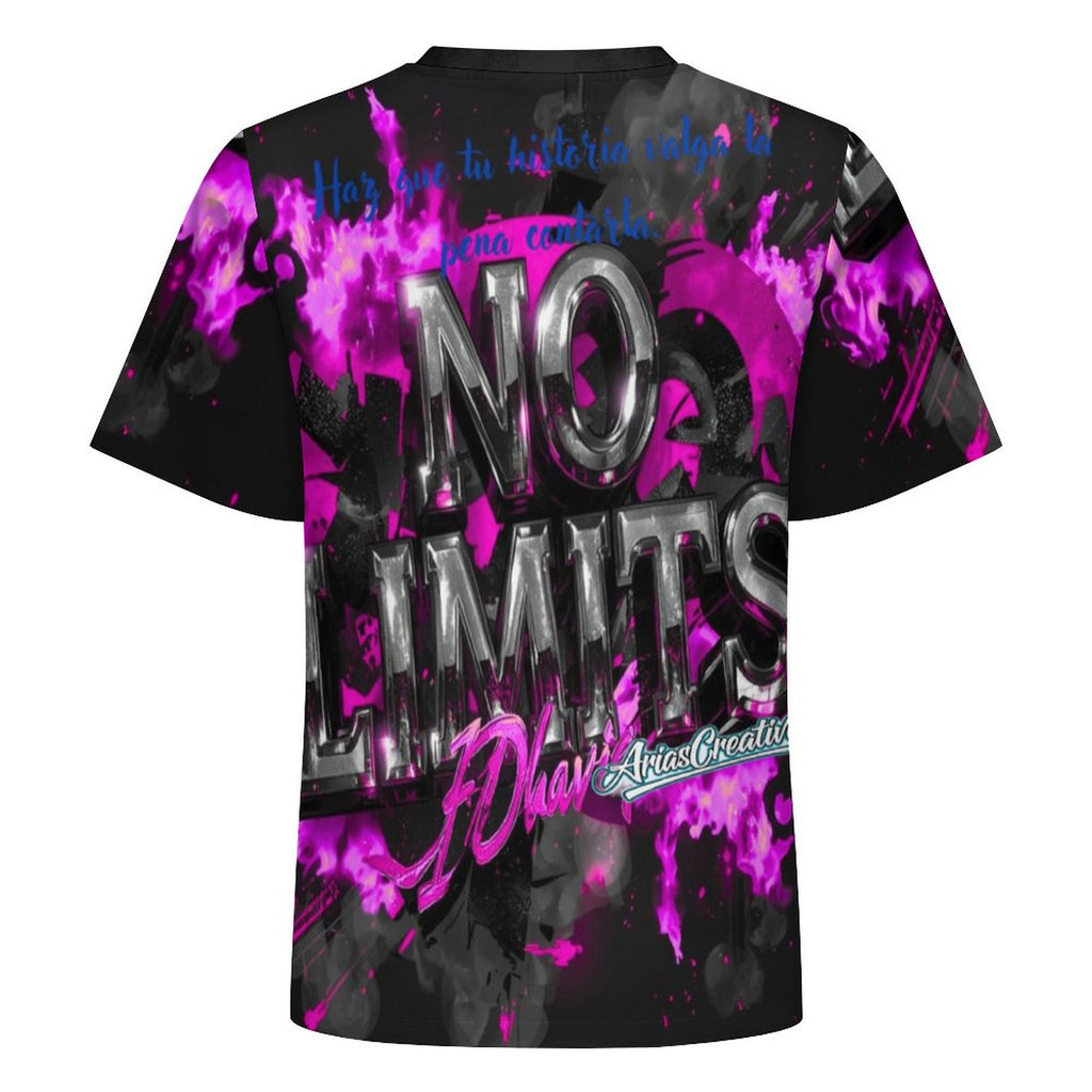 Camiseta corta de hombre peaprint "No Limits" rosa, negro y gris con frases motivadoras y diseño all-over print.