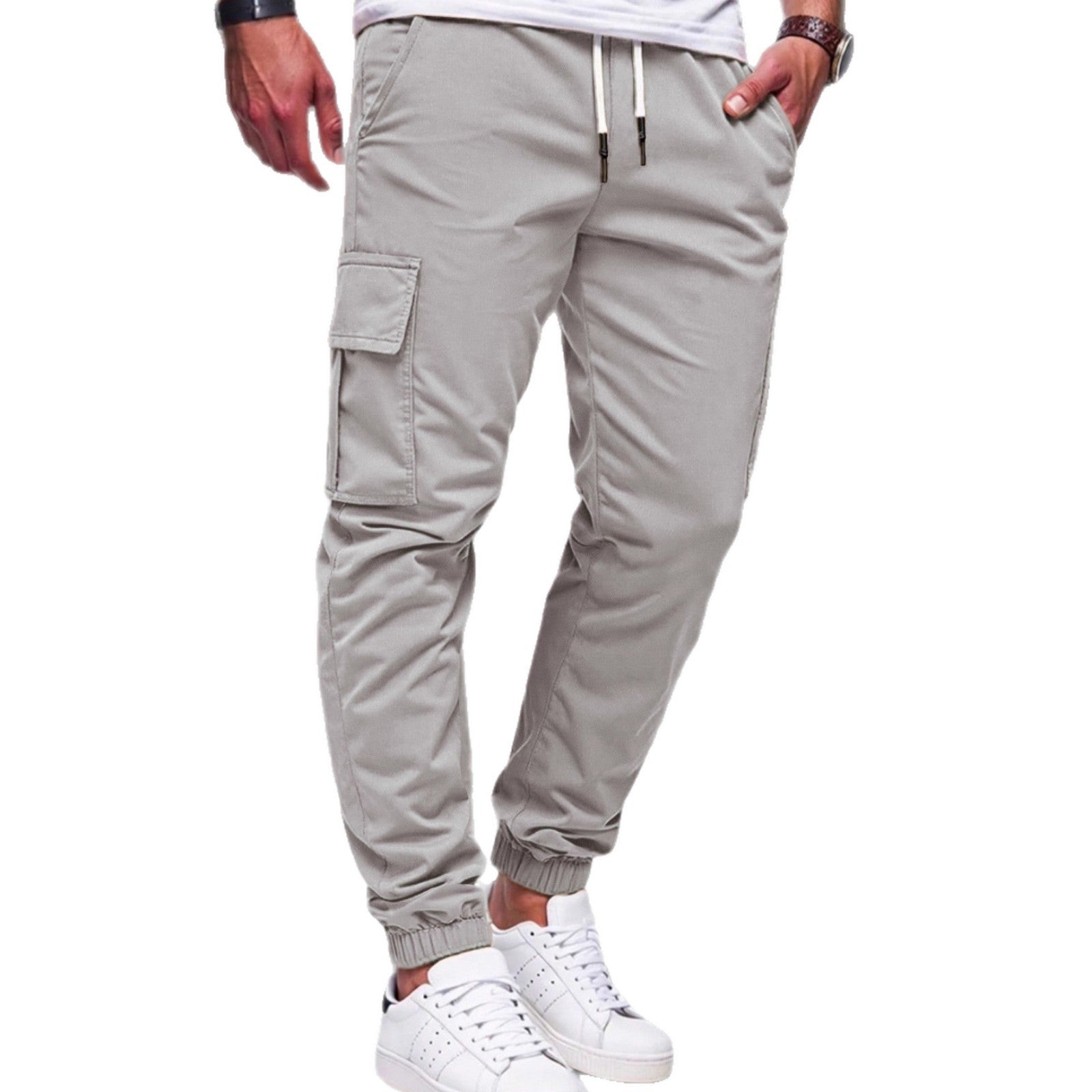 Pantalones cargo para hombre AriasCreative con múltiples bolsillos, puño elástico y estilo urbano en color neutro.