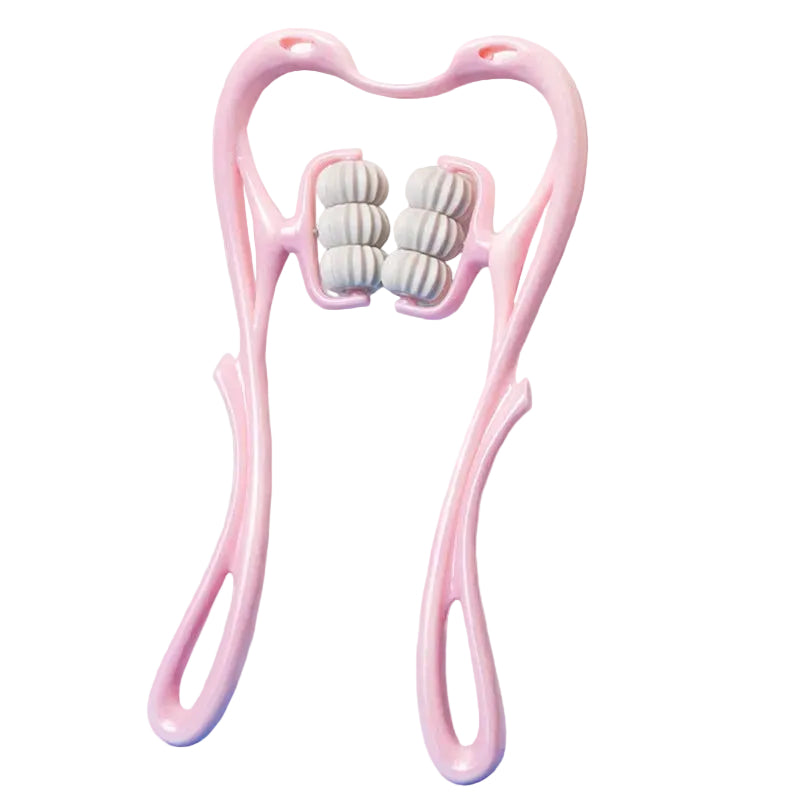 Masajeador cervical manual AriasCreative con 6 rodillos, herramienta para cuello, hombros y espalda en color azul o rosa.