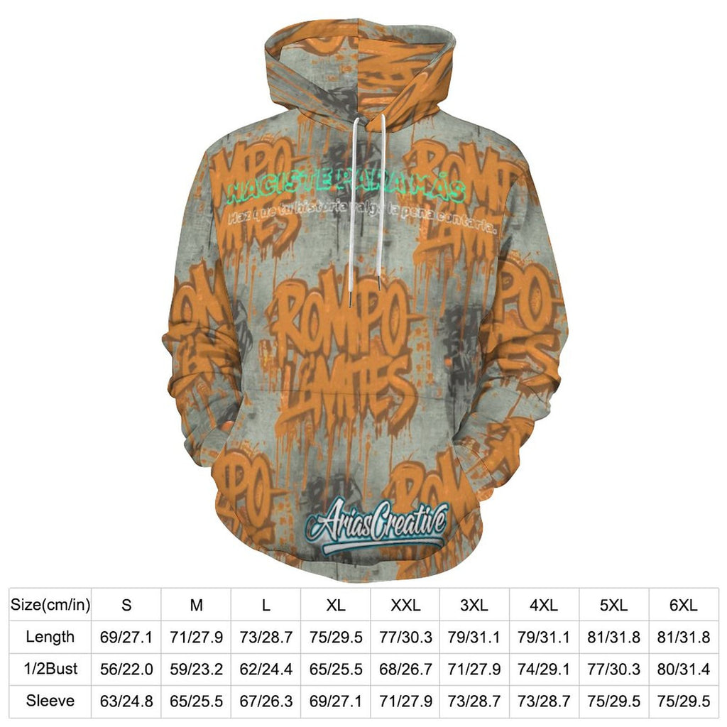 Sudadera con capucha AriasCreative "ROMPO MIS LÍMITES" estilo streetwear urbano, con diseño gráfico en la parte frontal.