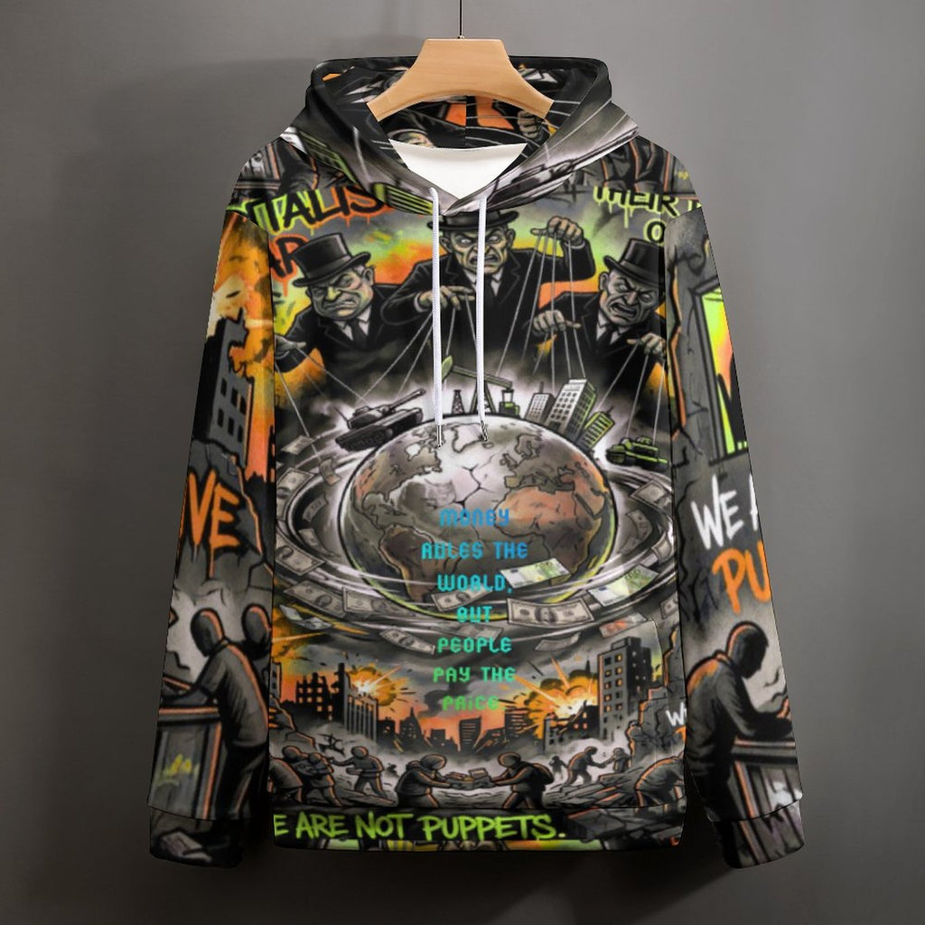 Hoodie by peaprint featuring all-over print of Earth, war, and money with the phrase "Money Rules the World."