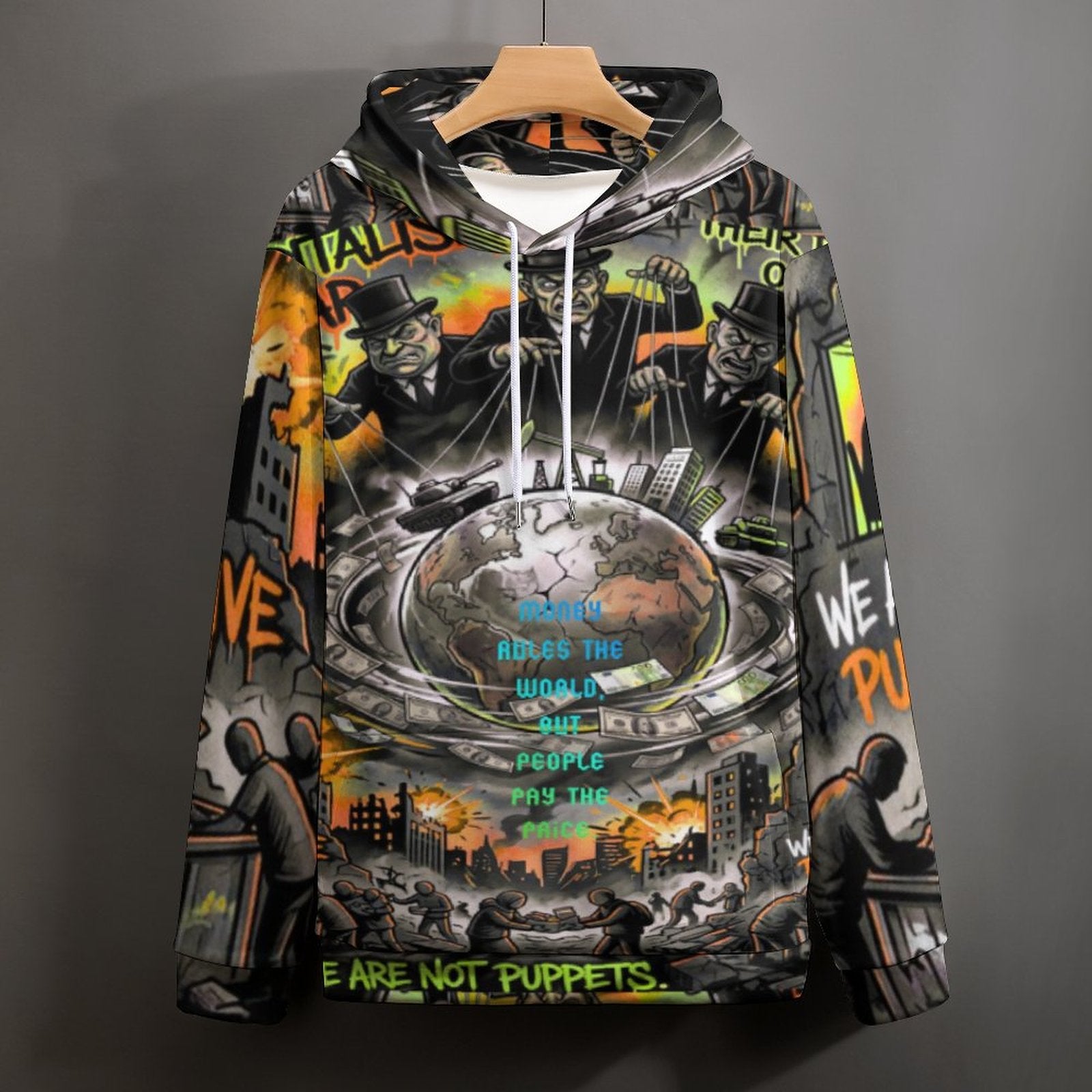 Hoodie by peaprint featuring all-over print of Earth, war, and money with the phrase "Money Rules the World."